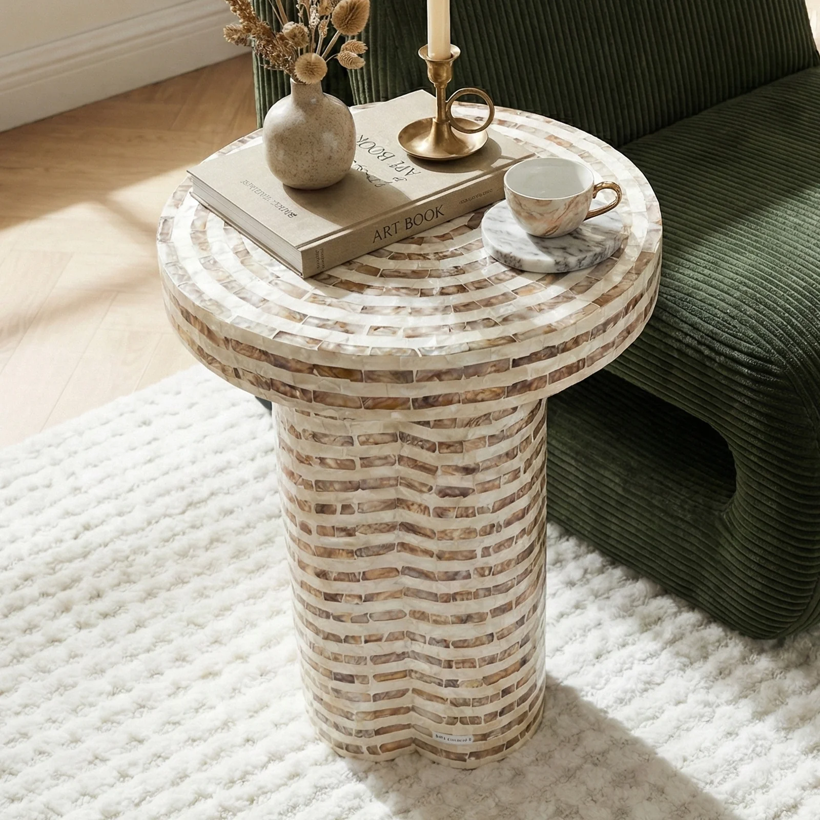 Leif 36cm Round Mother of Pearl Side Table in Mocha Cream - Image 4