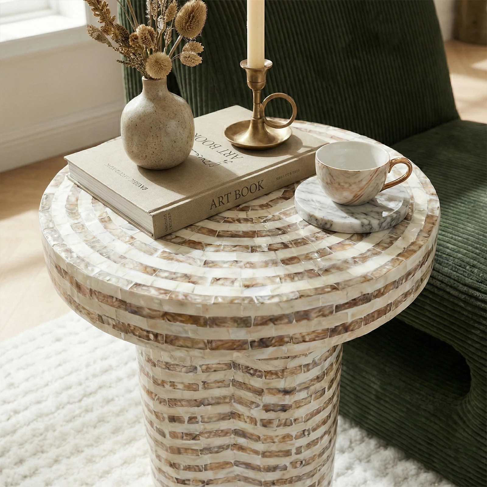 Leif 36cm Round Mother of Pearl Side Table in Mocha Cream - Image 5