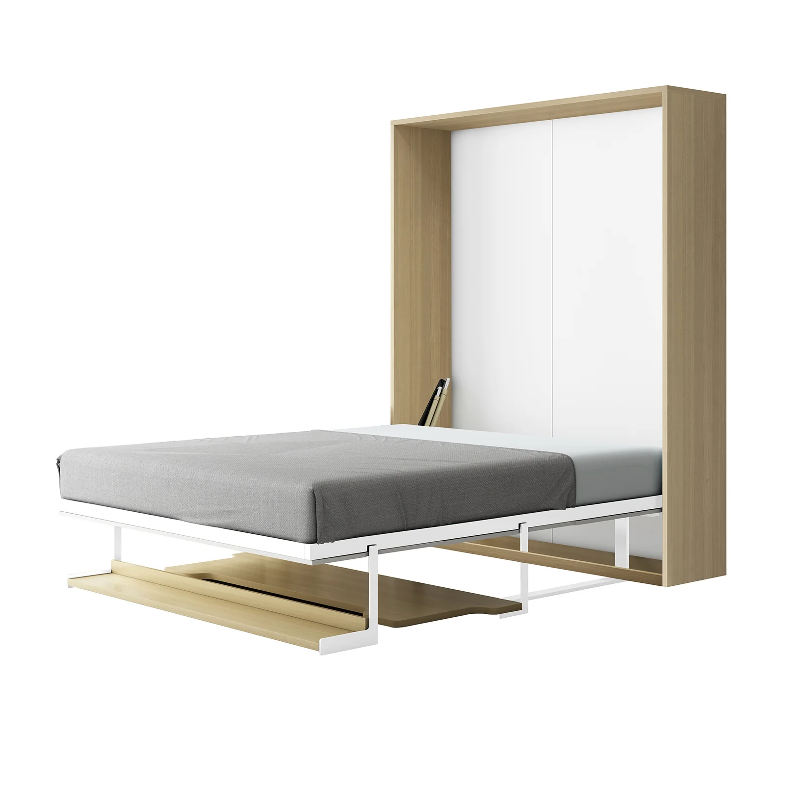Logan Queen Space Saving Foldout Wall Bed & Desk in White & Natural - Image 5