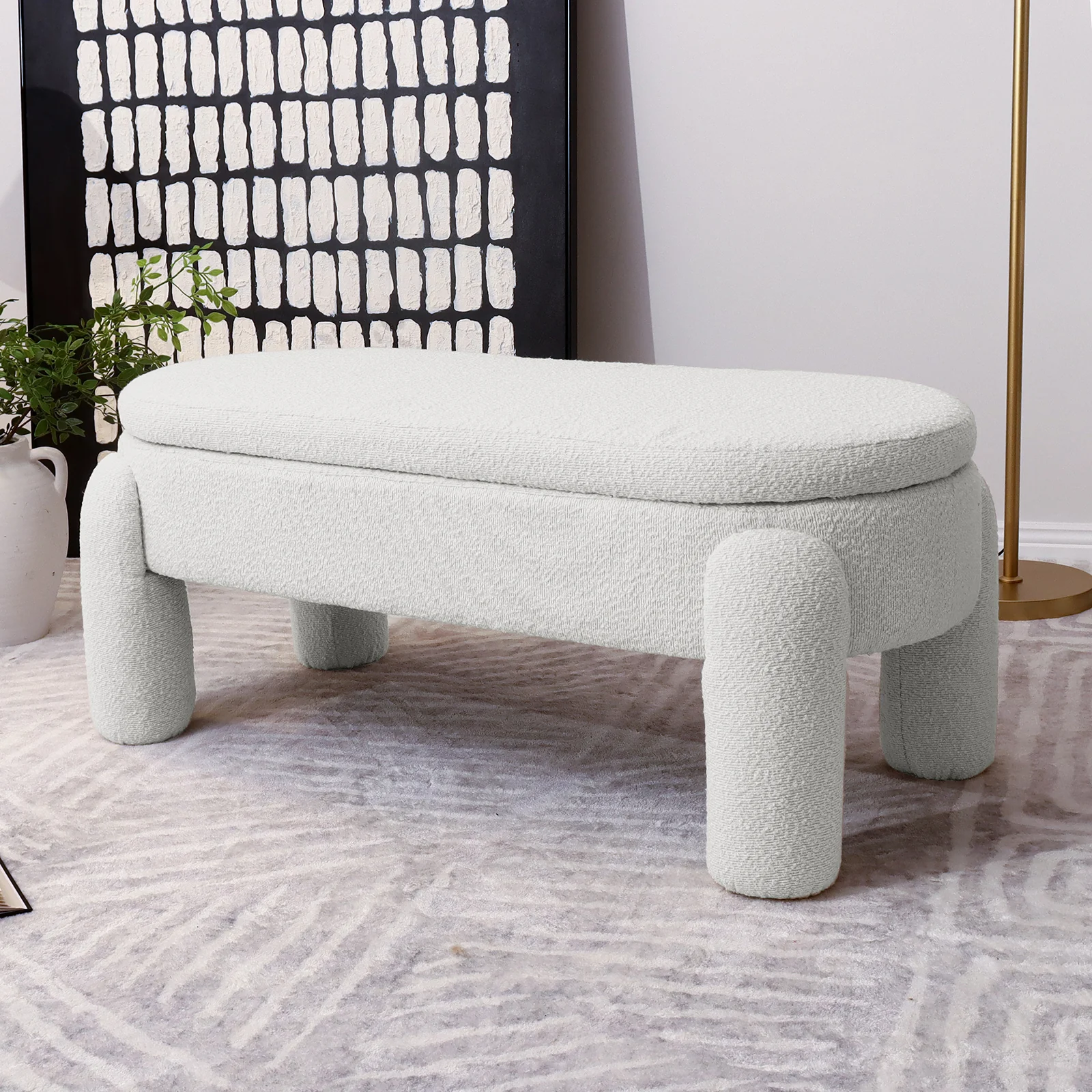 Lonea Boucle Fabric Bench with Storage in Eggshell White - Image 2