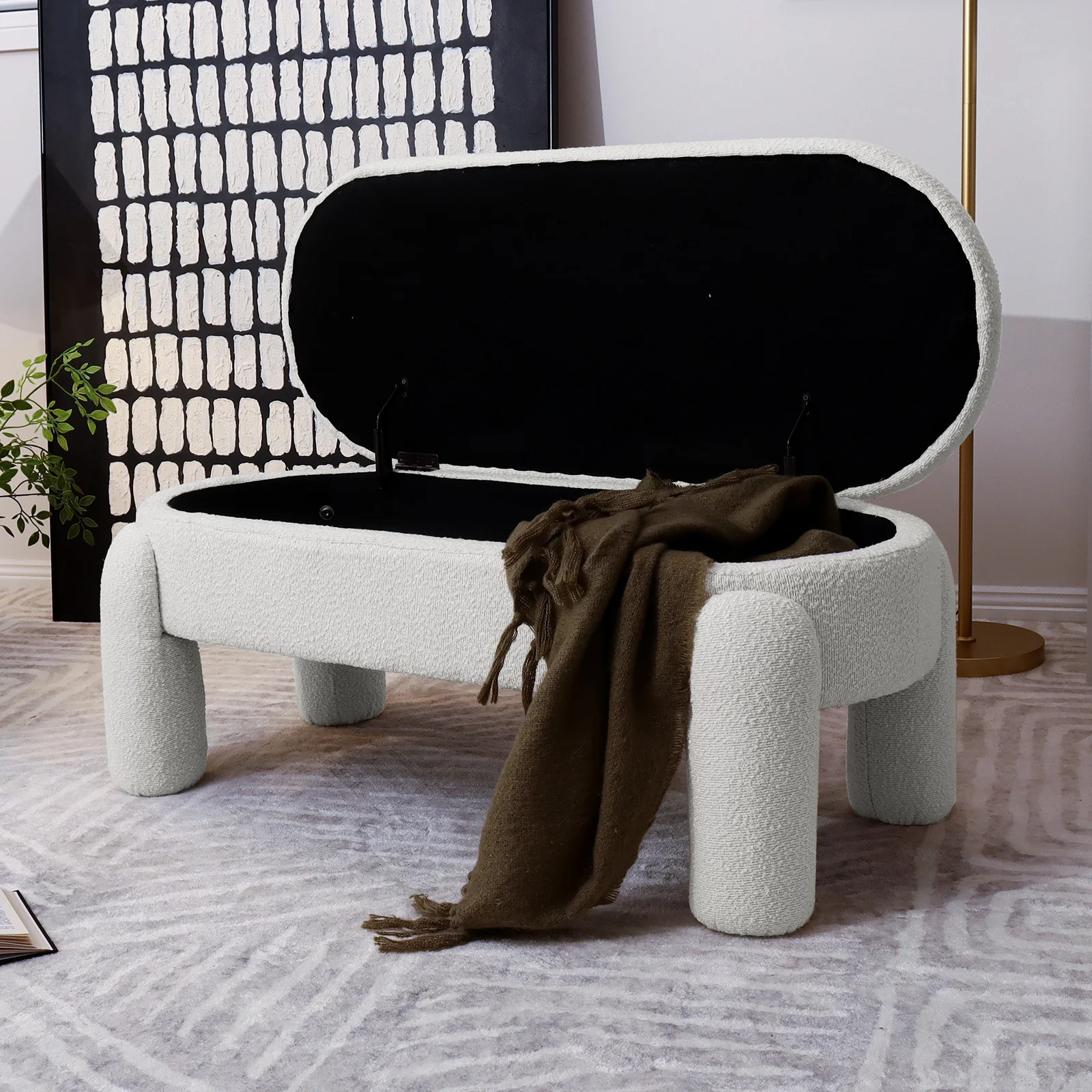 Lonea Boucle Fabric Bench with Storage in Eggshell White - Image 4