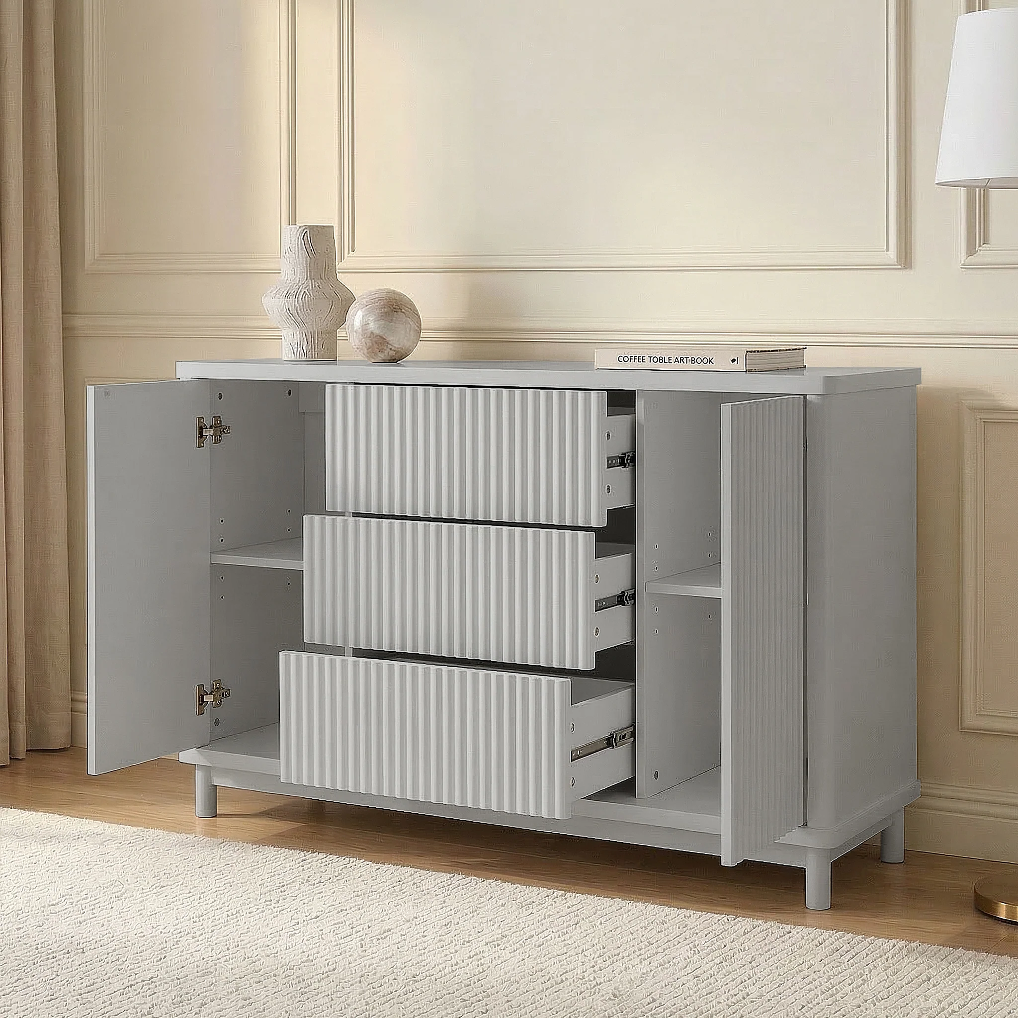 Loom Fluted Push Open Chest of Drawers in Warm Light Grey - Image 6