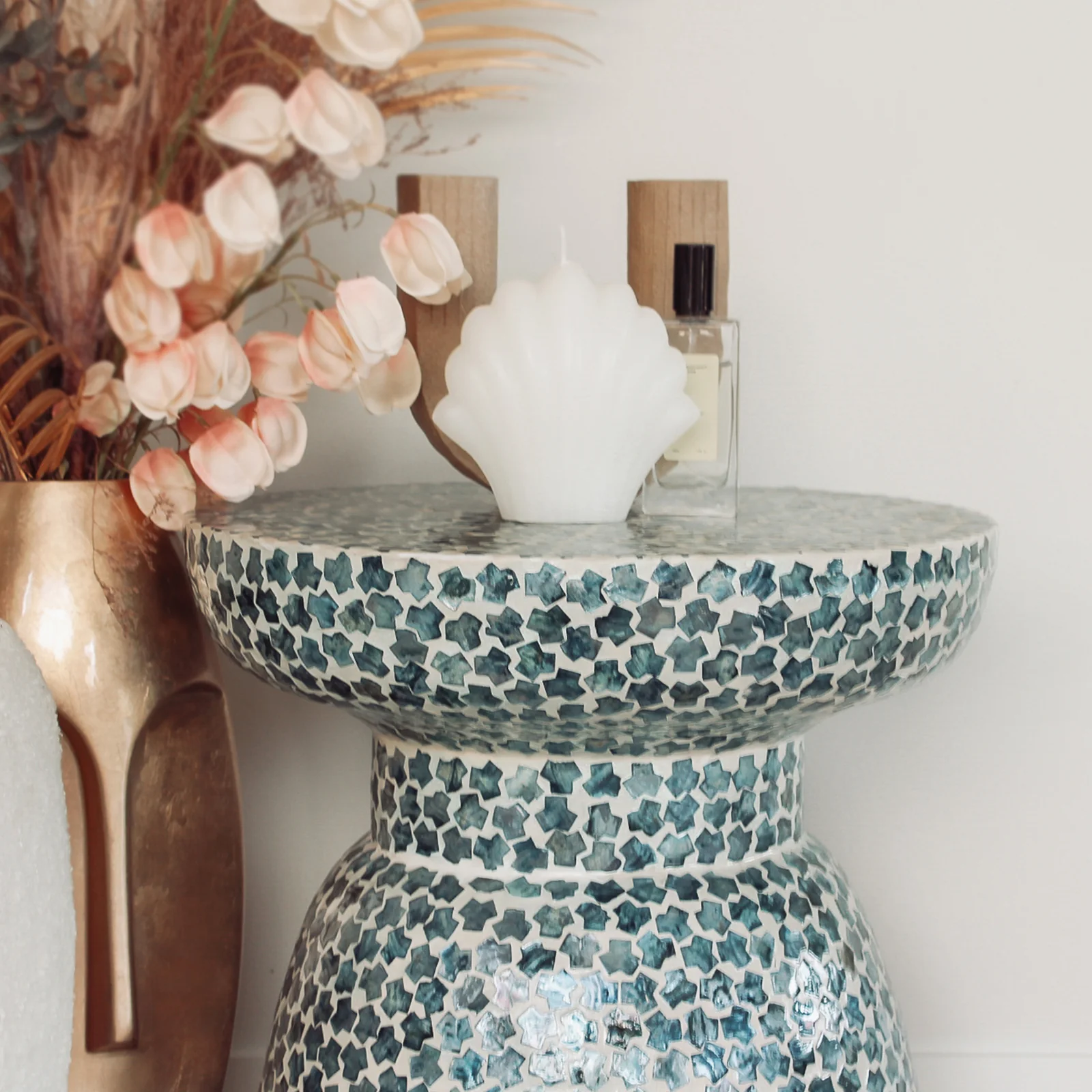 Luna 38cm Mother of Pearl Inlay Coffee Table in Flower Green - Image 4