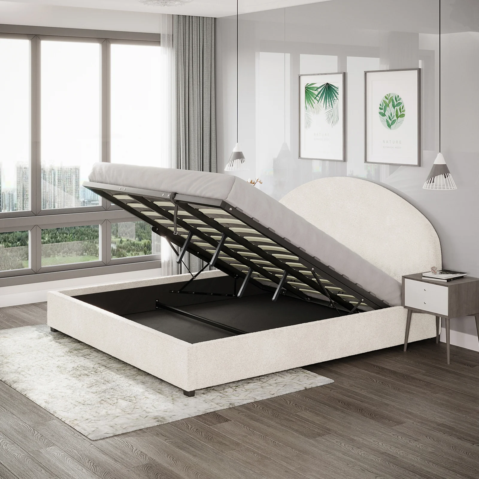 Lunia King Boucle Gas Lift Bed Frame in Cream White - Image 4
