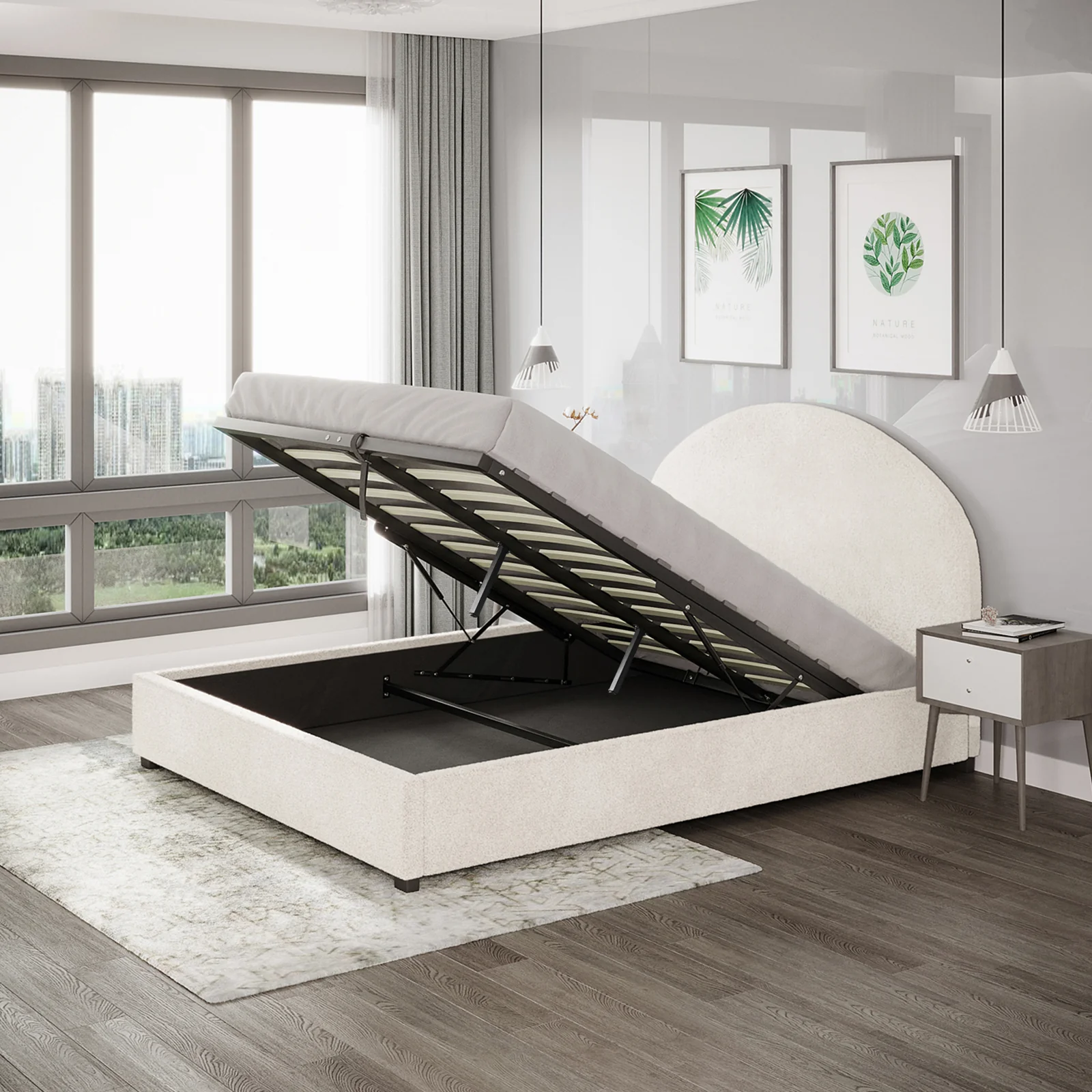 Lunia Queen Boucle Gas Lift Storage Bed Frame in Cream White - Image 4