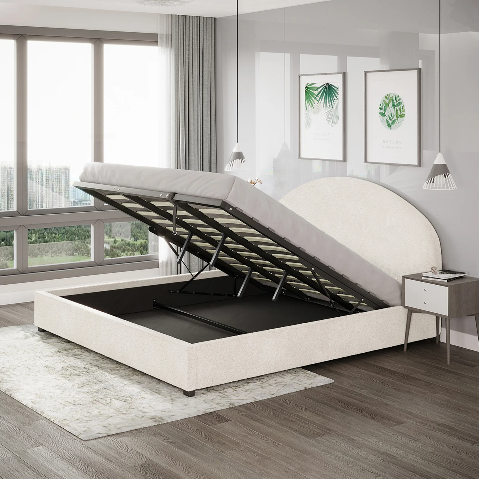 Lunia Super King Boucle Gas Lift Bed Frame in Cream White - Image 4