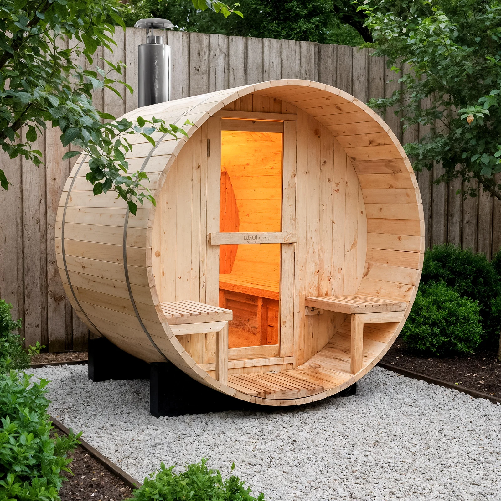 Luola 2 Person Pine Outdoor Barrel Sauna & Wood Stove - Image 2