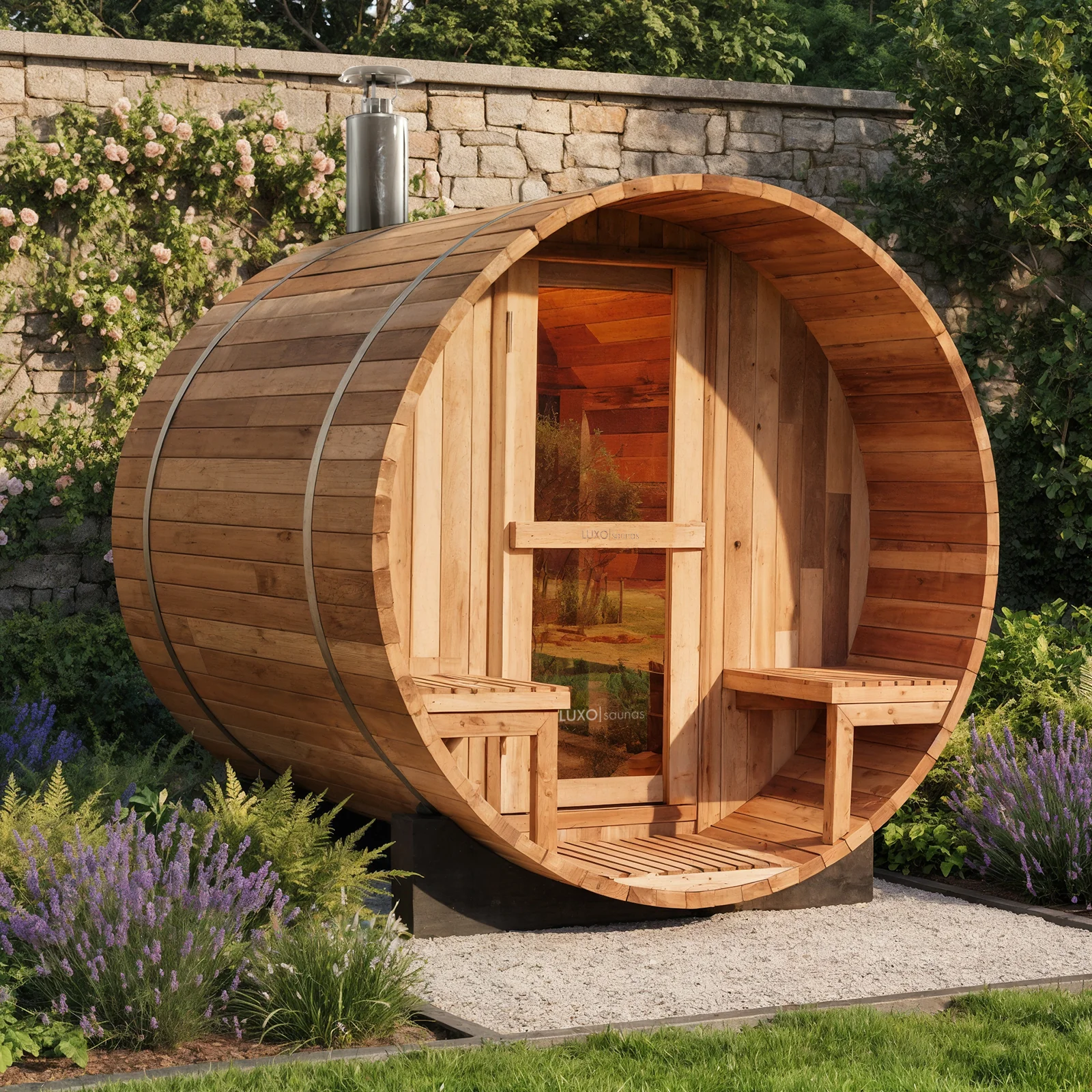 Luola 2 Person Red Cedar Outdoor Barrel Sauna & Wood Stove - Image 2