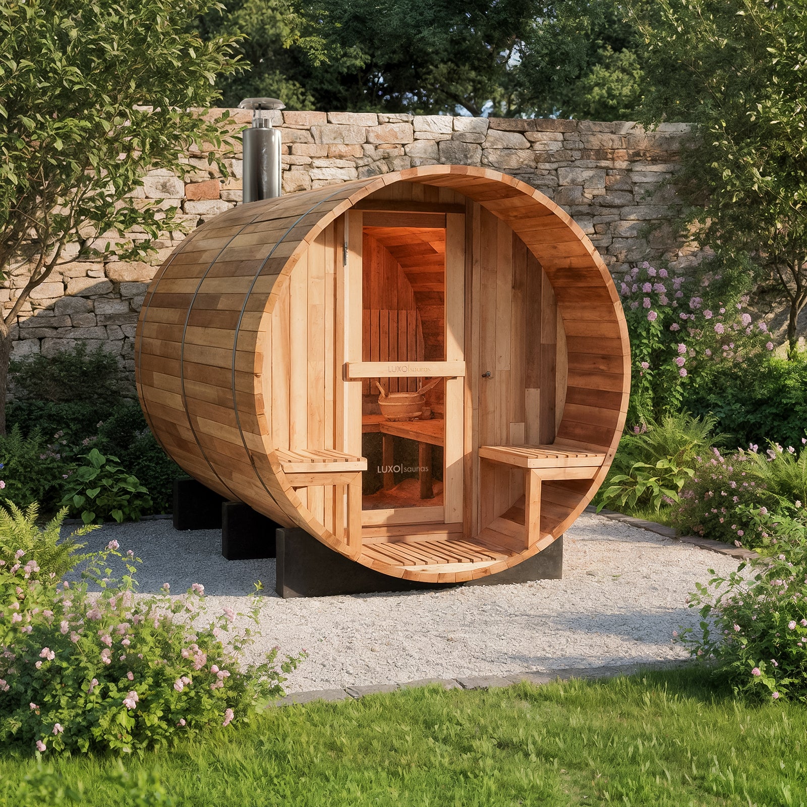 Luola 4 Person Red Cedar Outdoor Barrel Sauna & Wood Stove - Image 2
