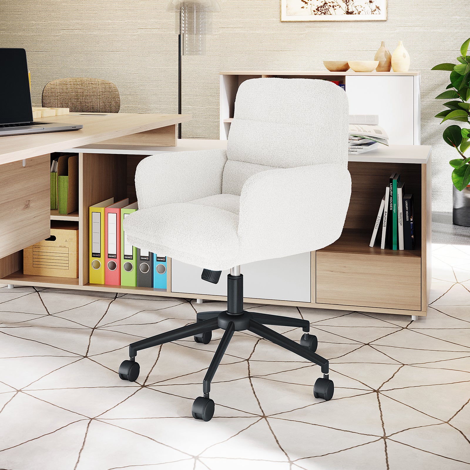 Luxo Aglaya Boucle Swivel Office Chair in Cream White - Image 4