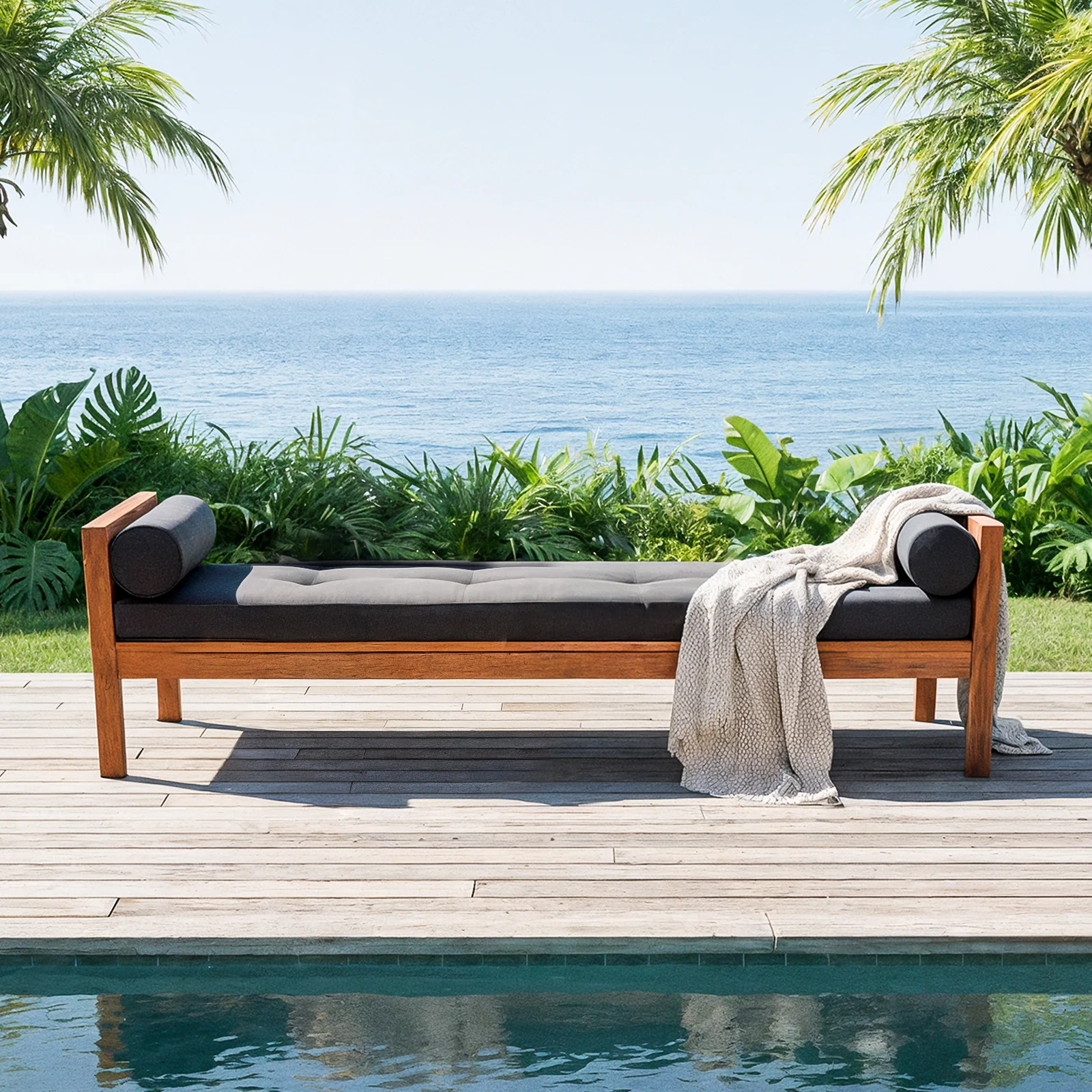 Luxo Meves Hardwood Outdoor Daybed Sofa & Cushion in Black - Image 3