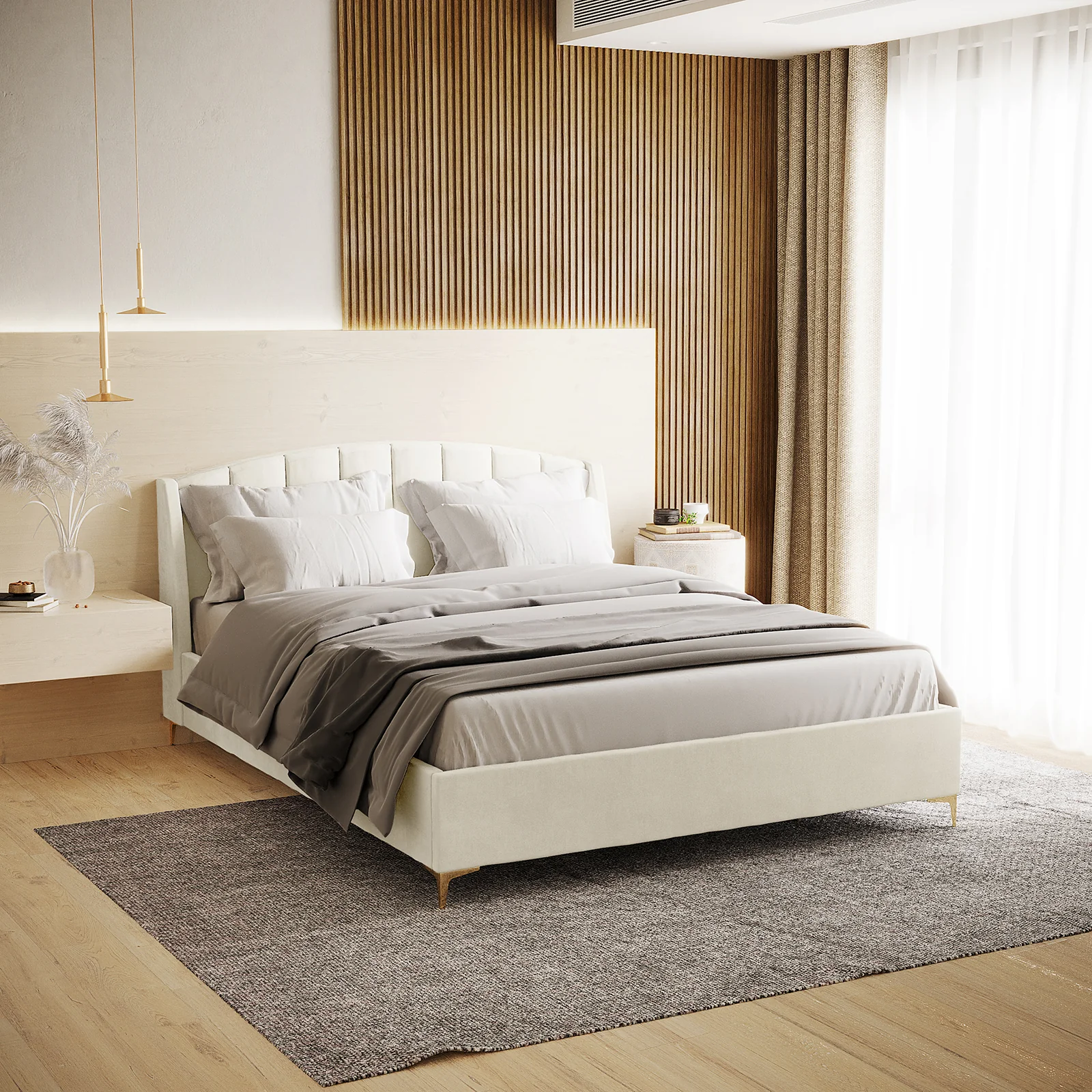 Lyra Queen Winged Velvet Fabric Bed Frame in Cream White - Image 2
