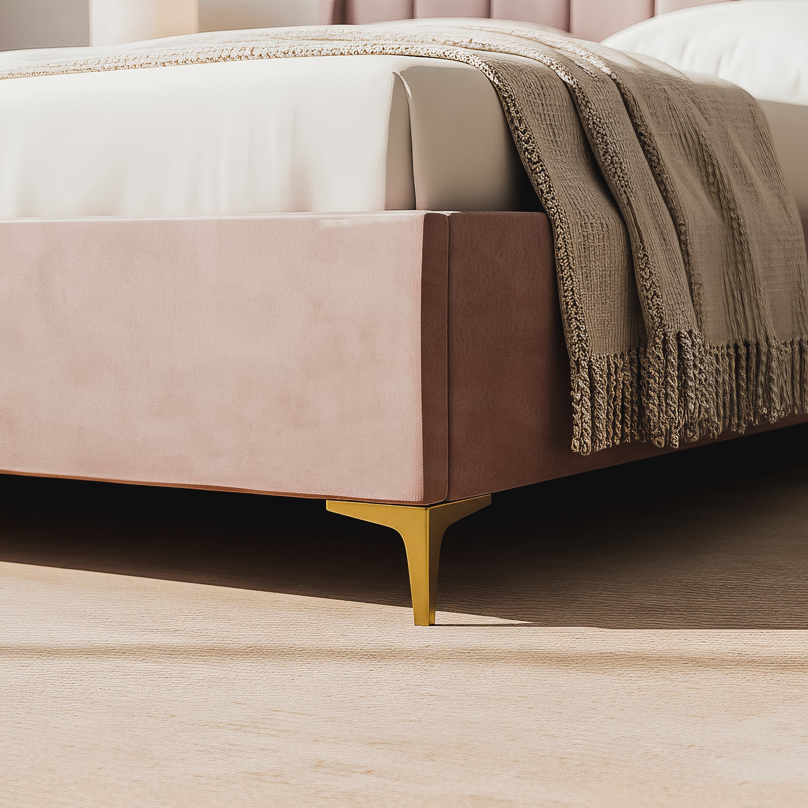 Lyra Queen Winged Velvet Fabric Bed Frame in Soft Pink - Image 5