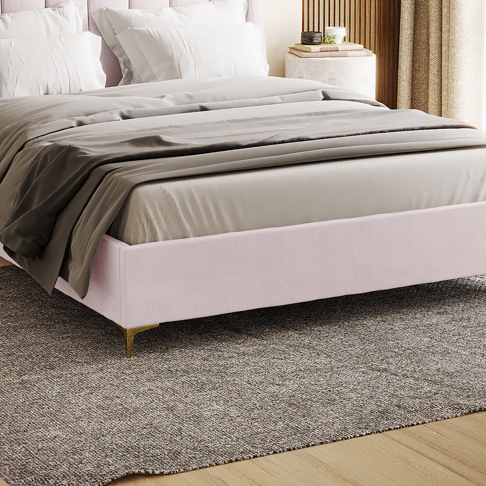 Lyra King Winged Velvet Fabric Bed Frame in Soft Pink - Image 4
