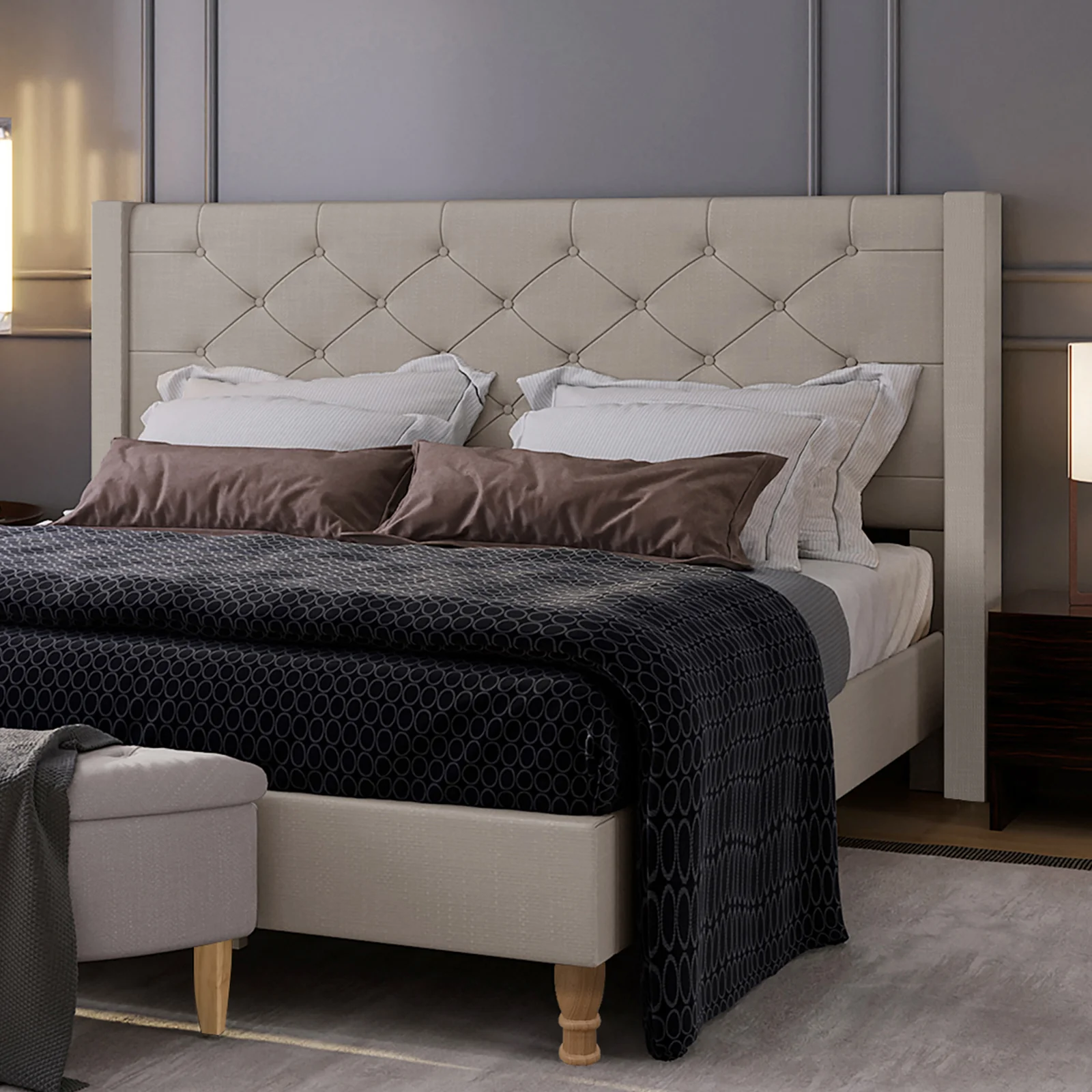 Maggie King Winged Fabric Bed Frame – Warm Grey - Image 3