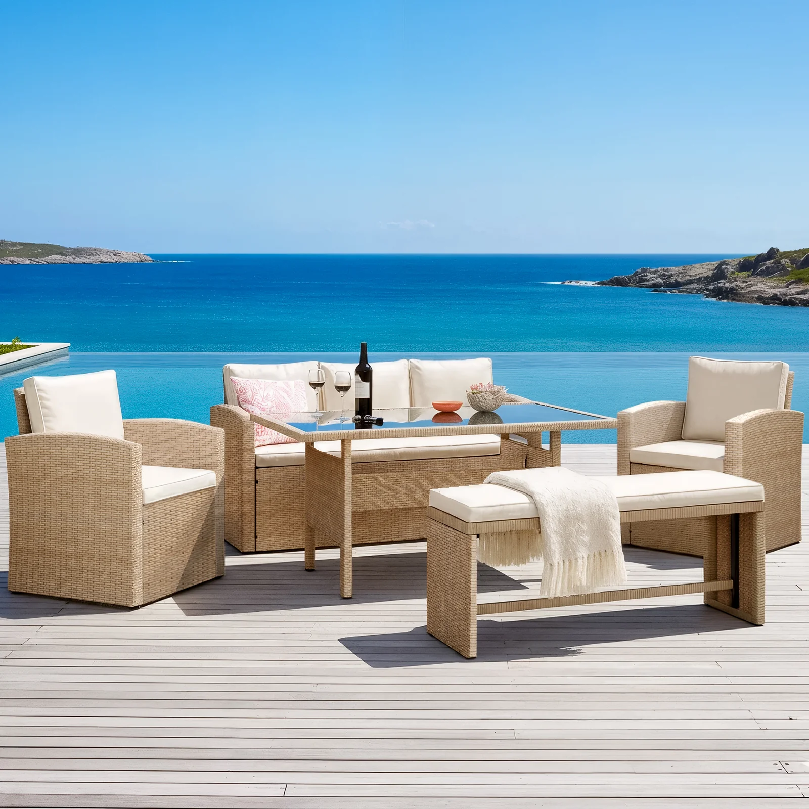 Mapa 7 Seater Wicker Outdoor Dining Sofa Set in Natural - Image 2