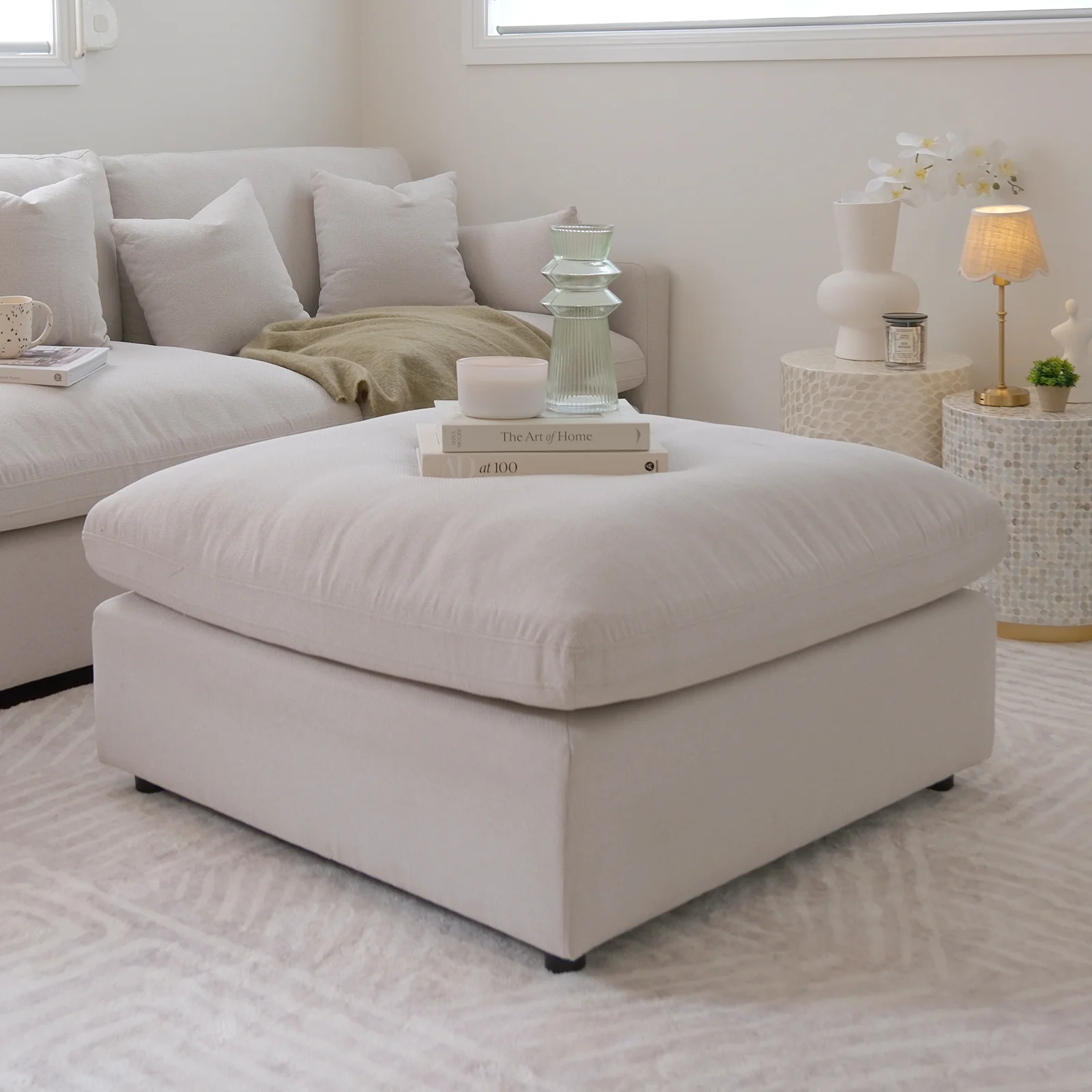 Millie Spill Resistant Fabric Ottoman in Warm Light Grey - Image 4