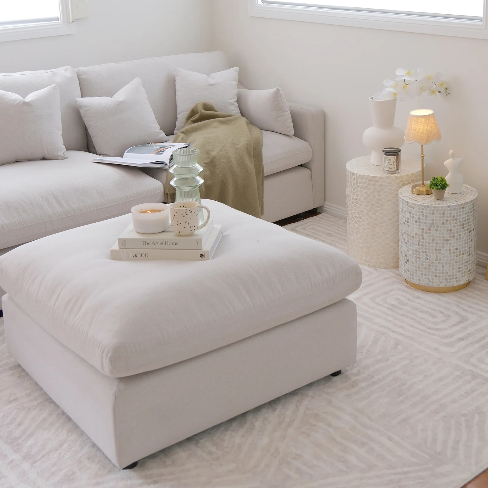 Millie Spill Resistant Fabric Ottoman in Warm Light Grey - Image 7