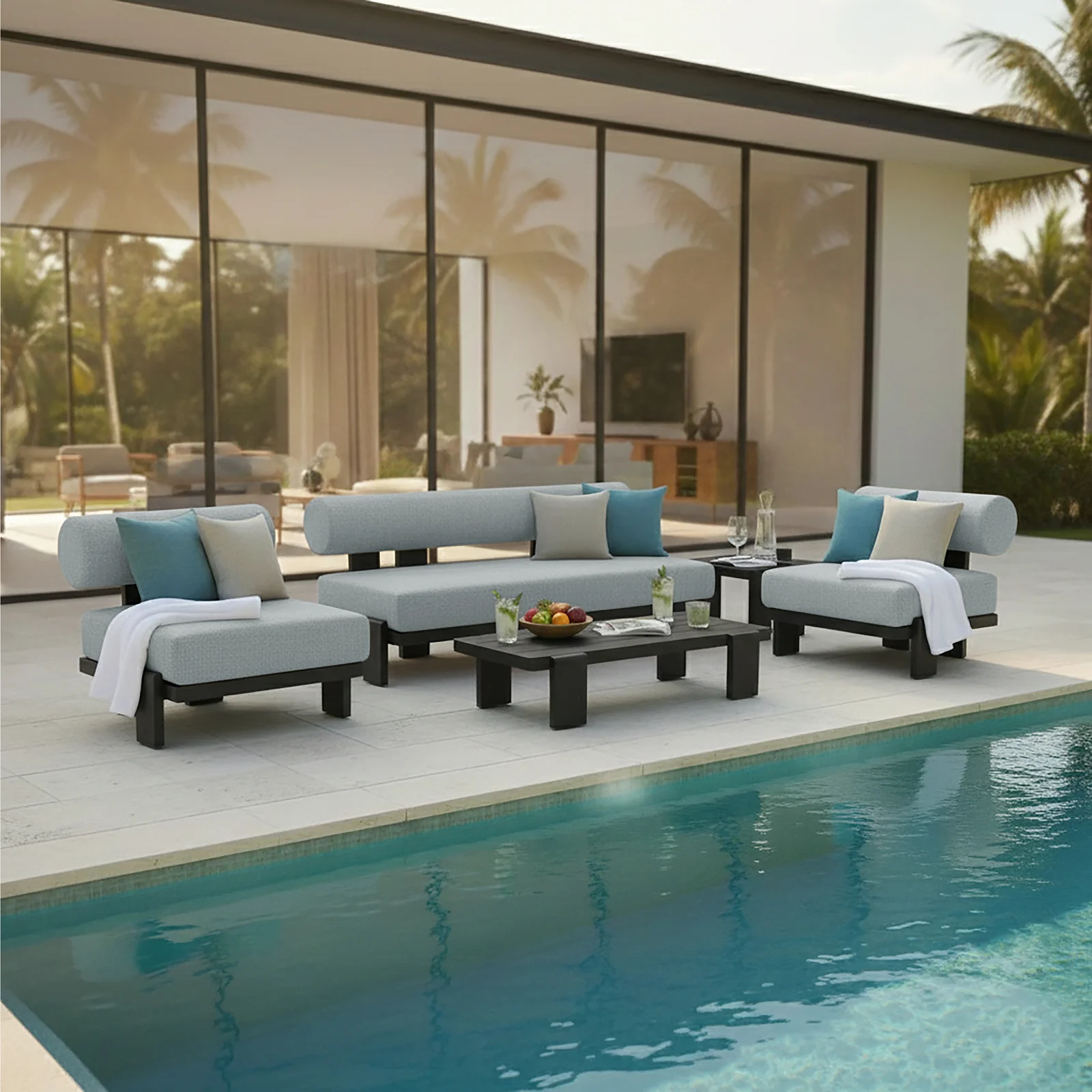 Modica 5 Seater Aluminium Outdoor Sofa Set in Black & Grey - Image 2