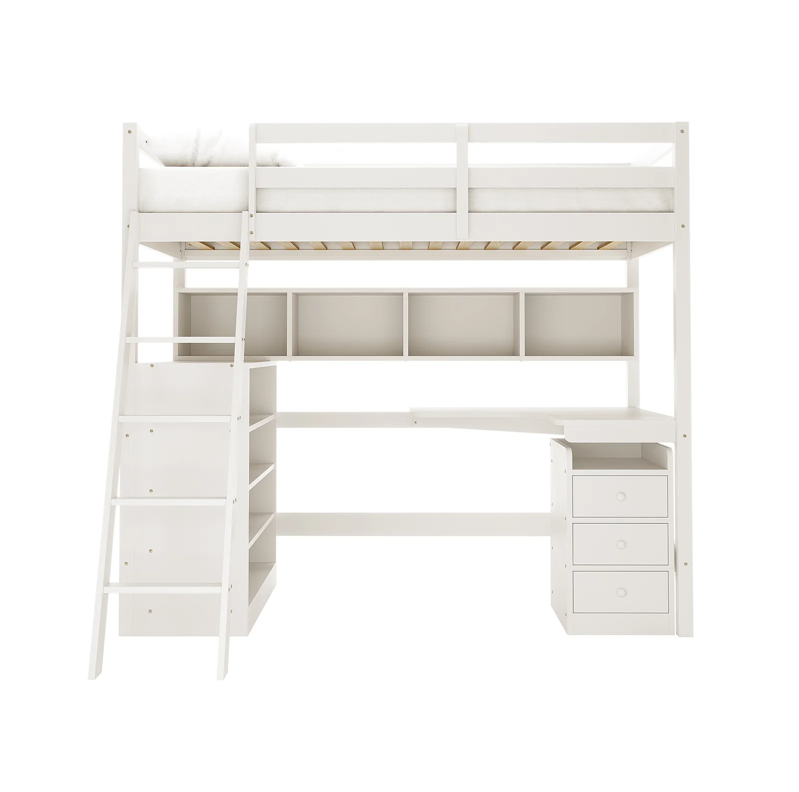 Momo Solid Pine Wood Loft Bed with Desk & Storage in White - Image 4