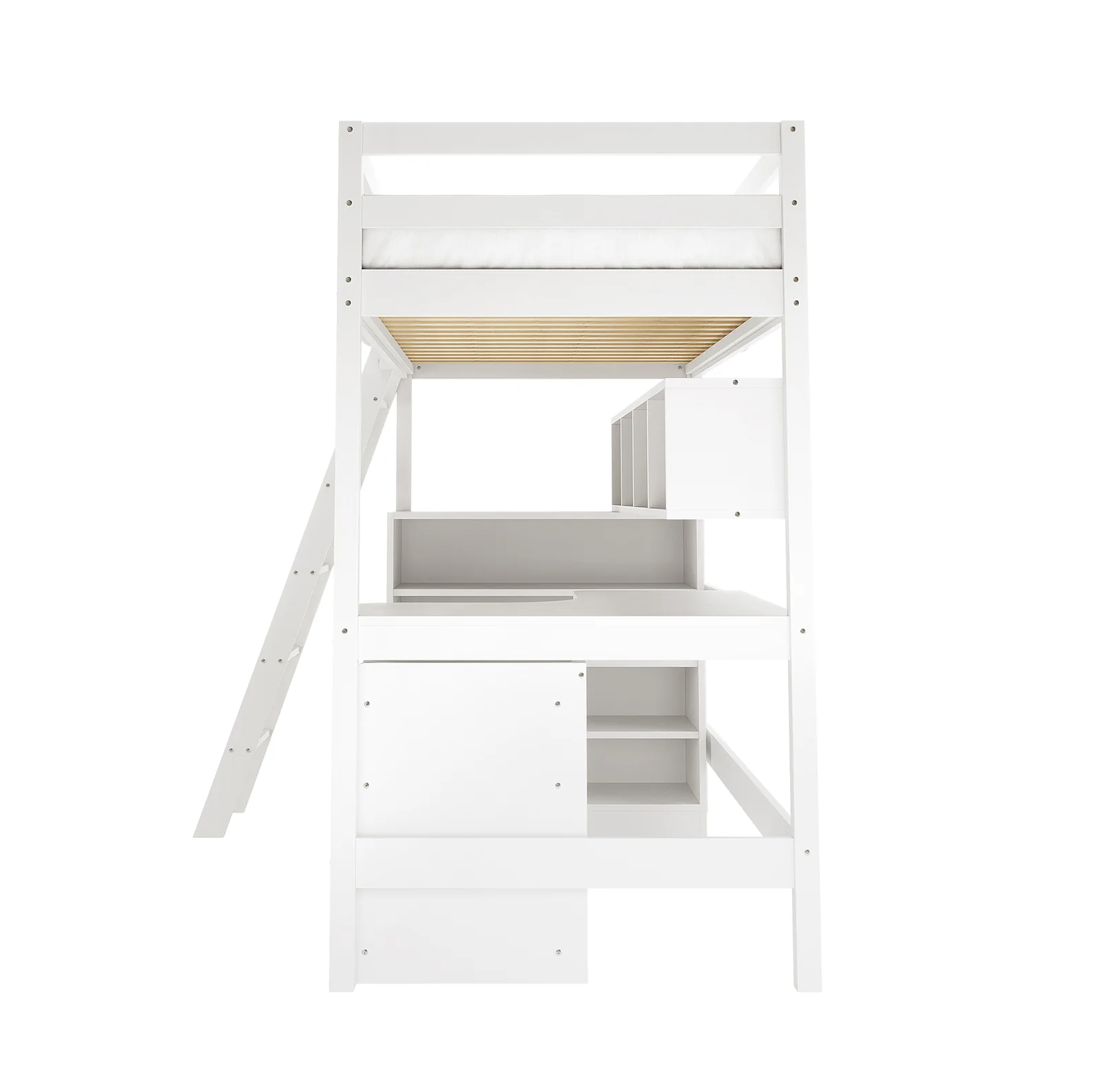 Momo Solid Pine Wood Loft Bed with Desk & Storage in White - Image 5