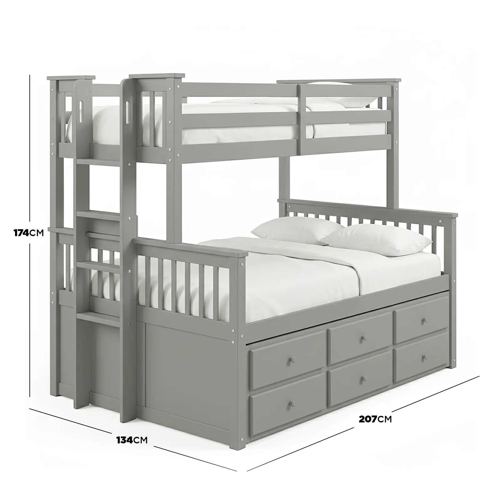 Nash Solid Wood Triple Bunk Bed with Storage Trundle in Grey - Image 7