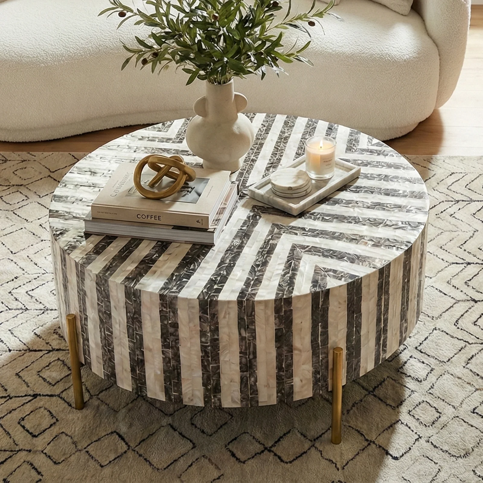 Naya Round Mother of Pearl Coffee Table in Bone Stripes - Image 6