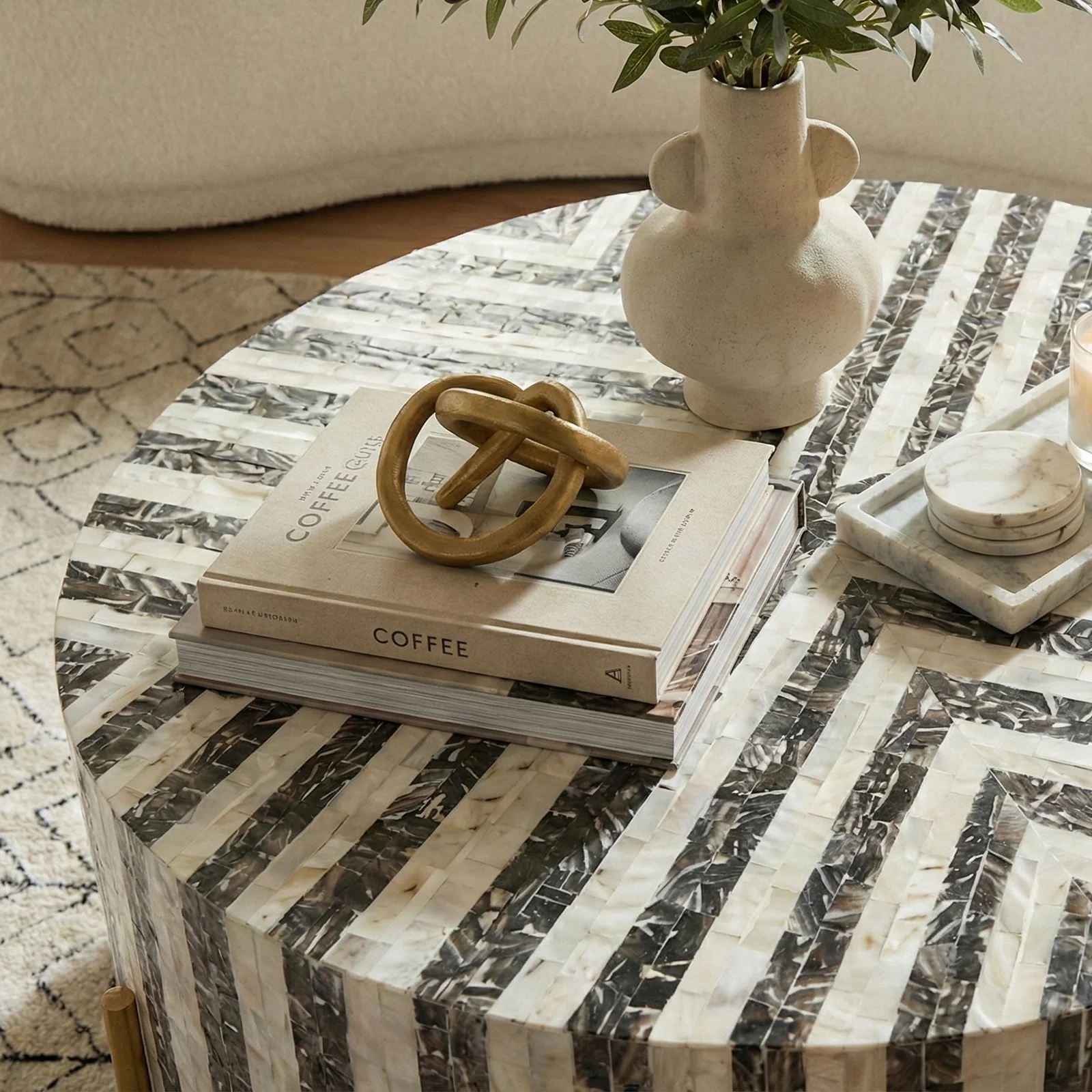 Naya Round Mother of Pearl Coffee Table in Bone Stripes - Image 7
