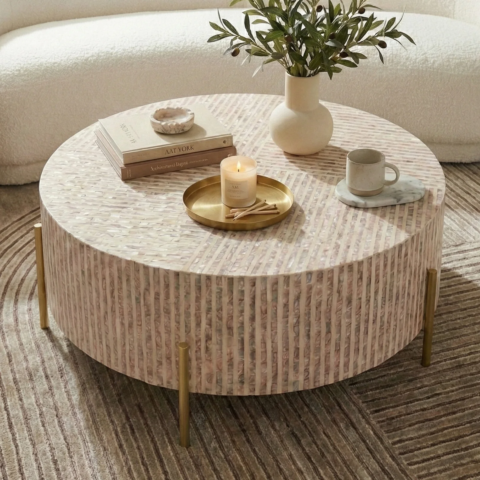 Naya Round Mother of Pearl Coffee Table in Mocha Cream - Image 6