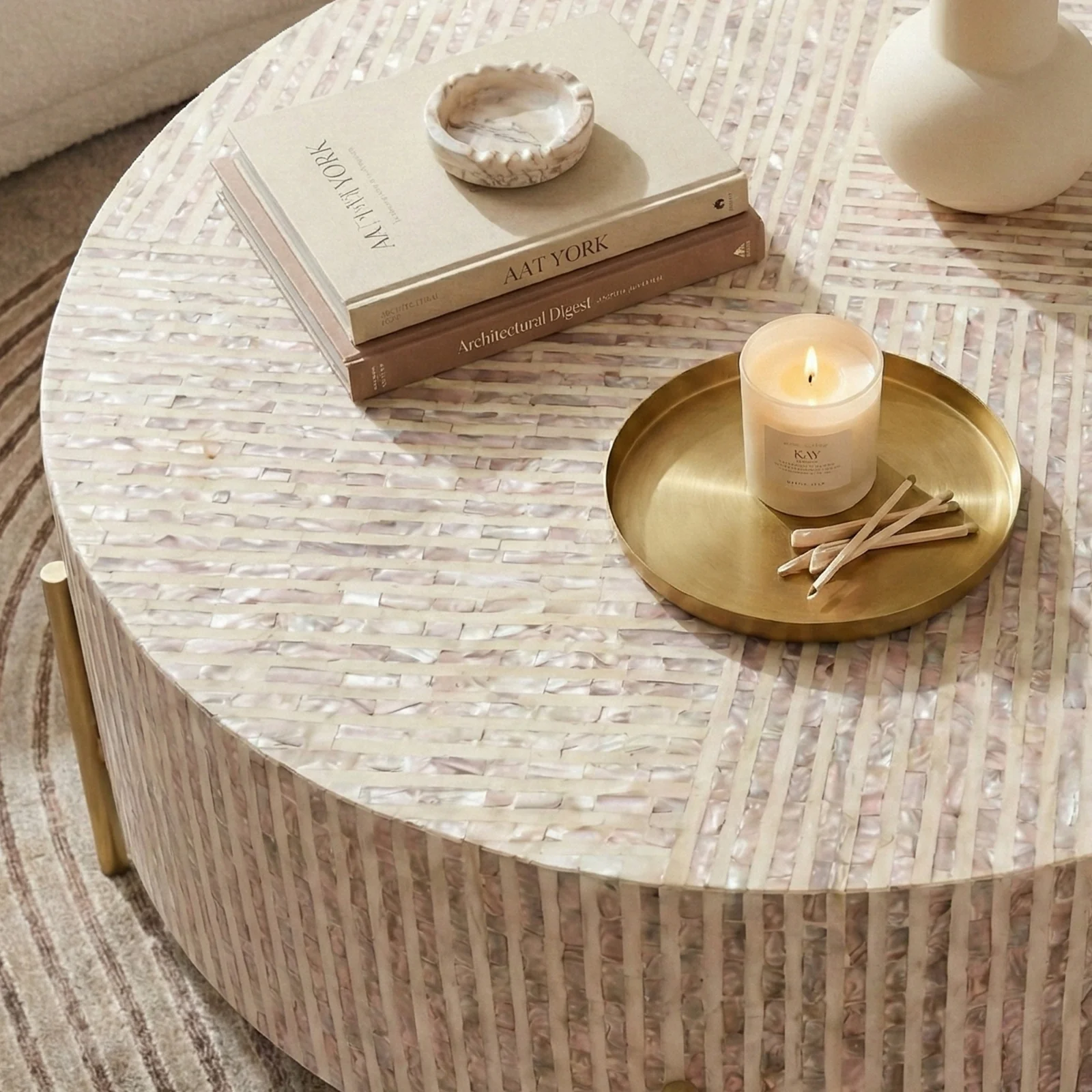Naya Round Mother of Pearl Coffee Table in Mocha Cream - Image 7