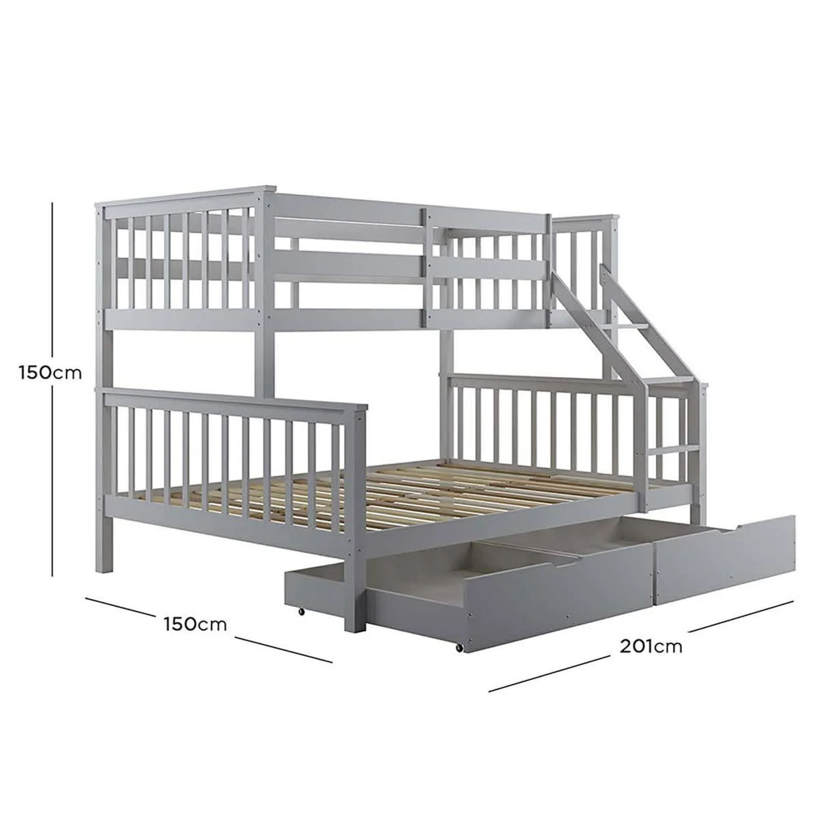 Nero Natural Pine Wood Bunk Bed with Twin Drawers in Grey - Image 3