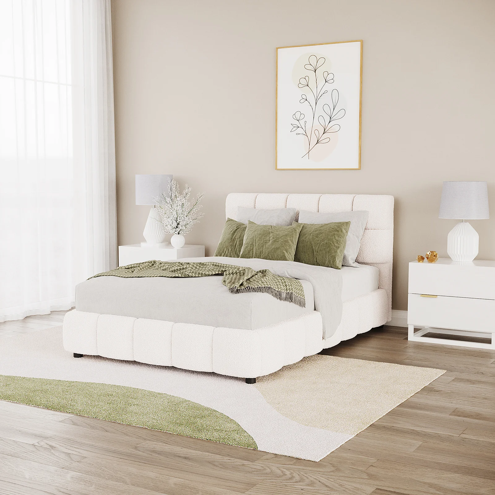 Nikias Double Boucle Fabric Bed Frame in Cream White - Image 2