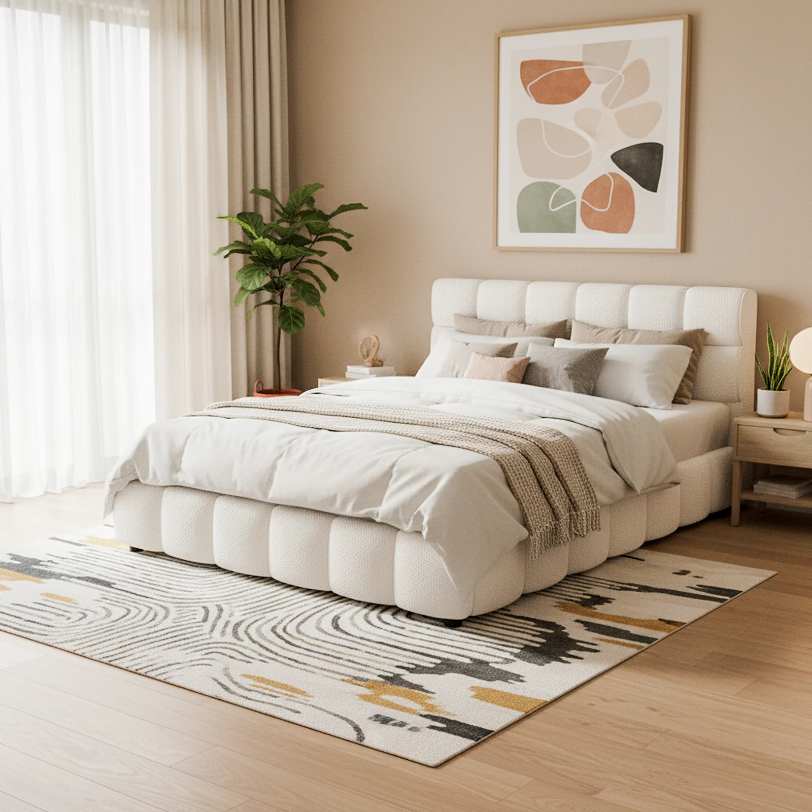 Nikias Queen Boucle Fabric Bed Frame in Cream White - Image 2