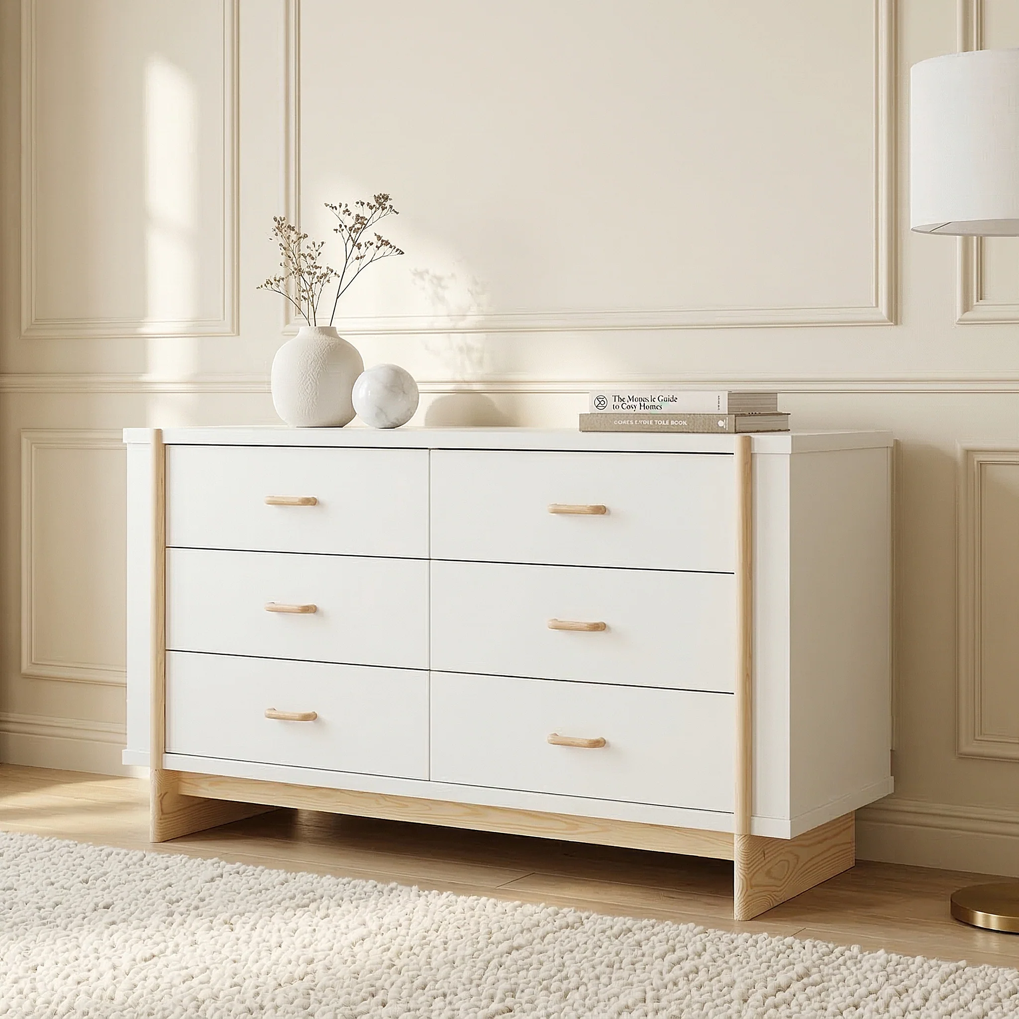 Nooki 6 Drawer Lowboy Dresser in White and Natural - Image 4