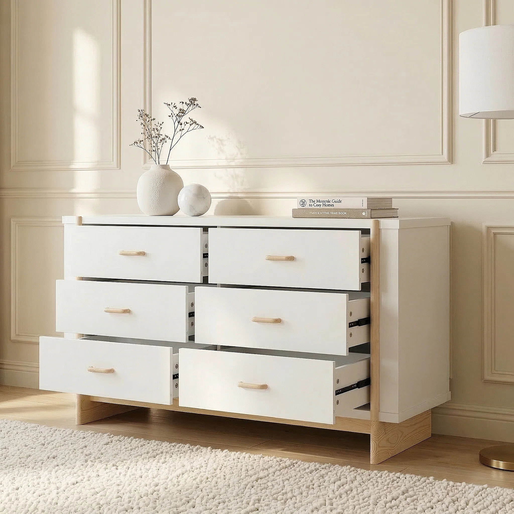 Nooki 6 Drawer Lowboy Dresser in White and Natural - Image 5