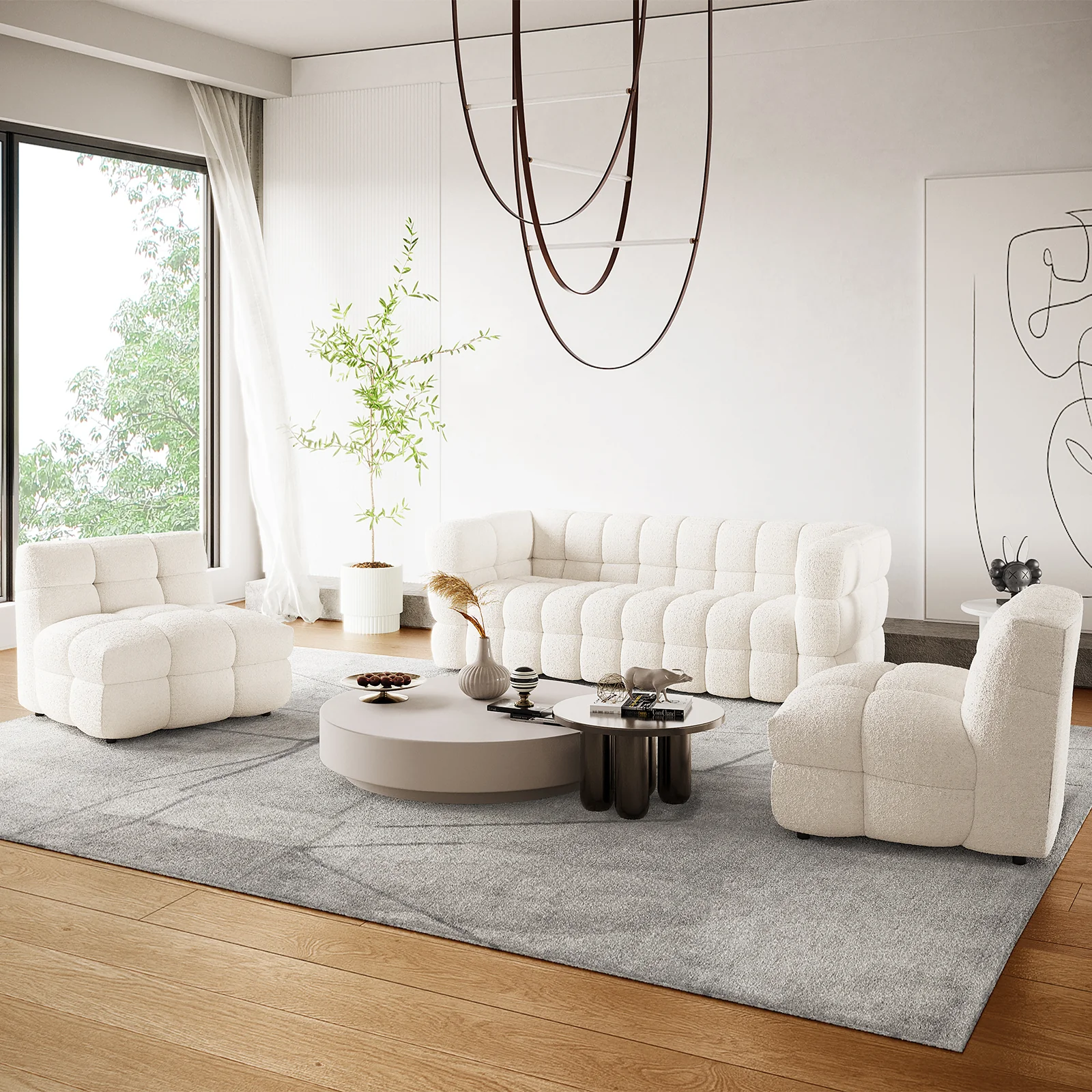 Norah 5 Seater Boucle Fabric Sofa Set in Cream White - Image 8
