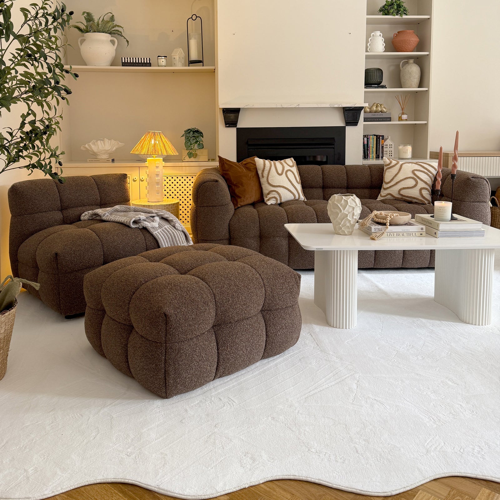 Norah 5 Seater Boucle Sofa Set With Ottoman in Chocolate Brown - Image 2