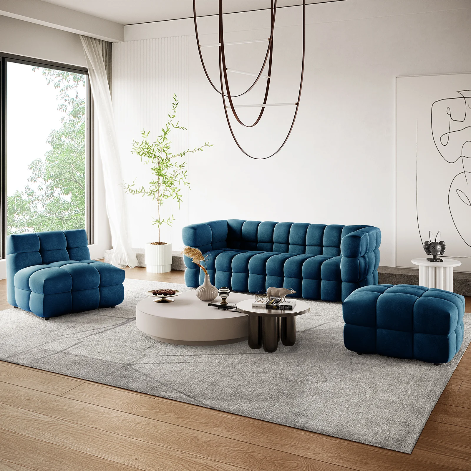 Norah 5 Seater Velvet Sofa Set with Ottoman in Blue - Image 2