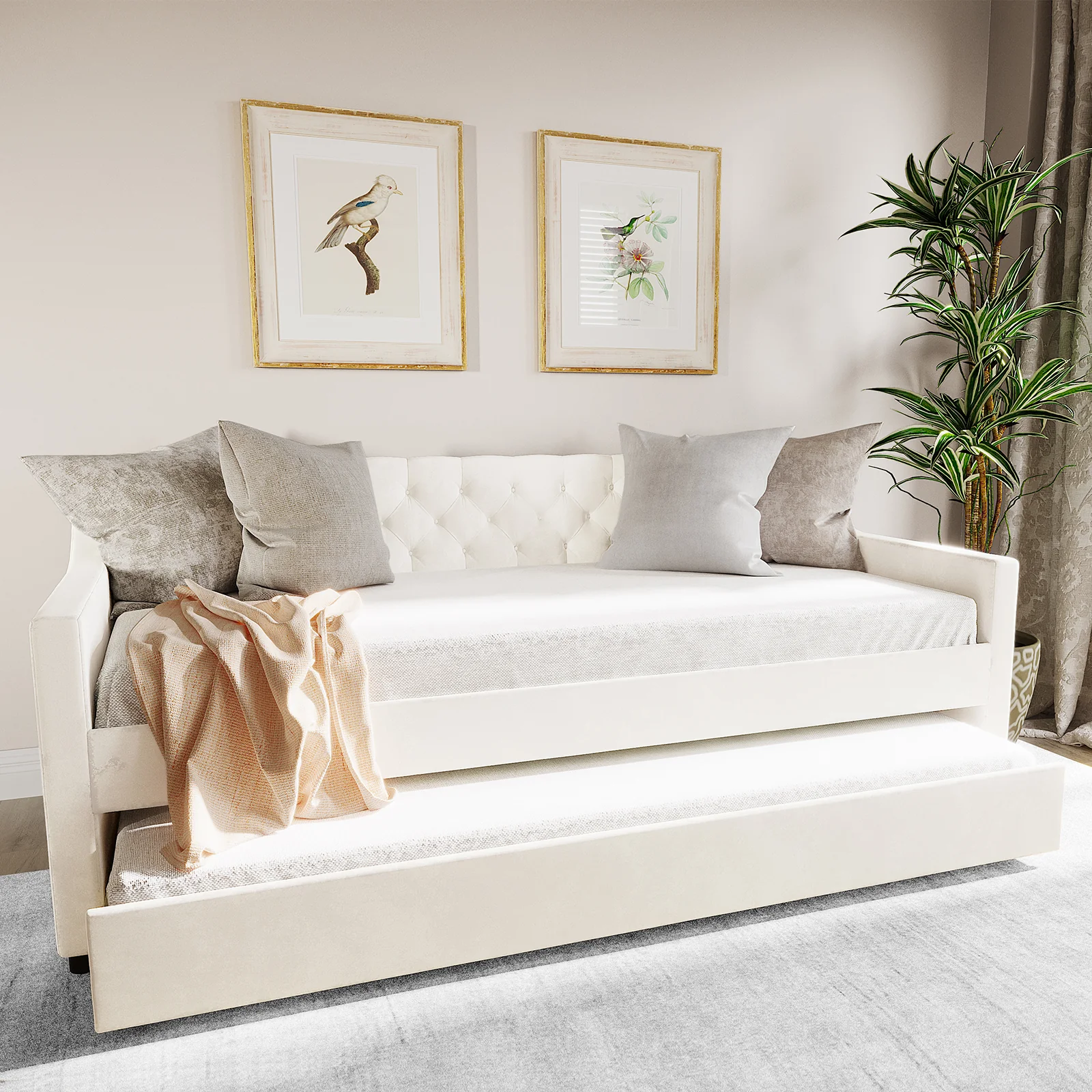 Ovidia Single Velvet Daybed Sofa with Trundle in Cream White - Image 2