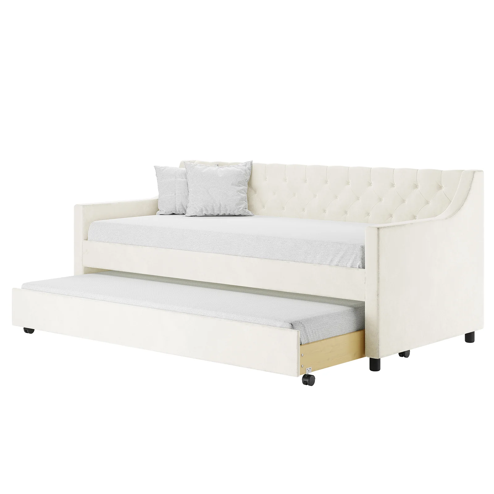 Ovidia Single Velvet Daybed Sofa with Trundle in Cream White - Image 5