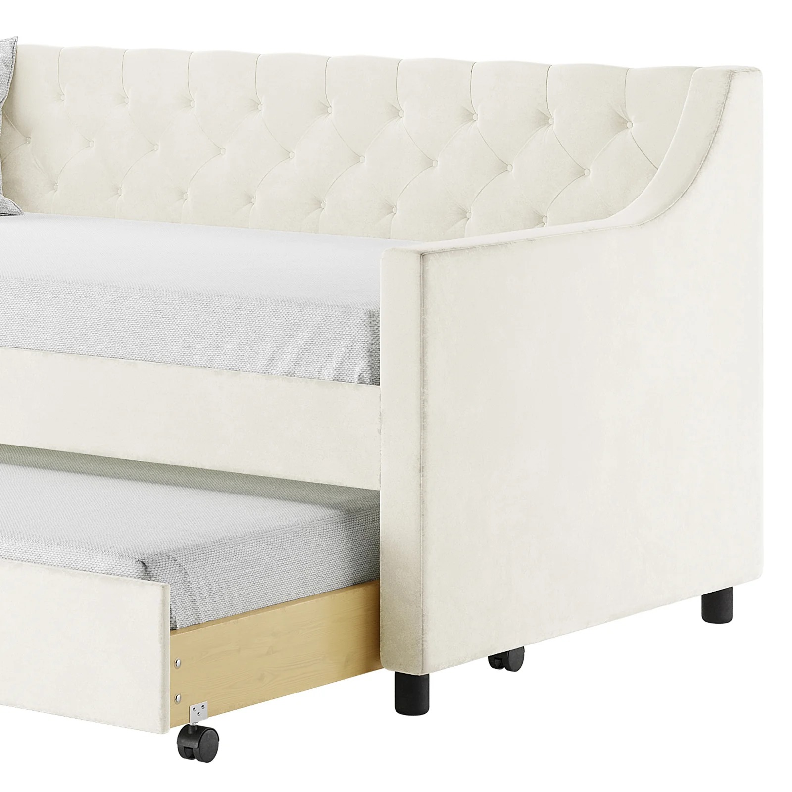 Ovidia Single Velvet Daybed Sofa with Trundle in Cream White - Image 7