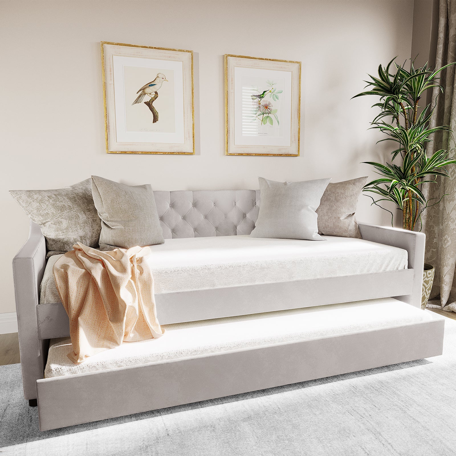 Ovidia Velvet Sofa with Trundle Bed in Light Grey - Image 2