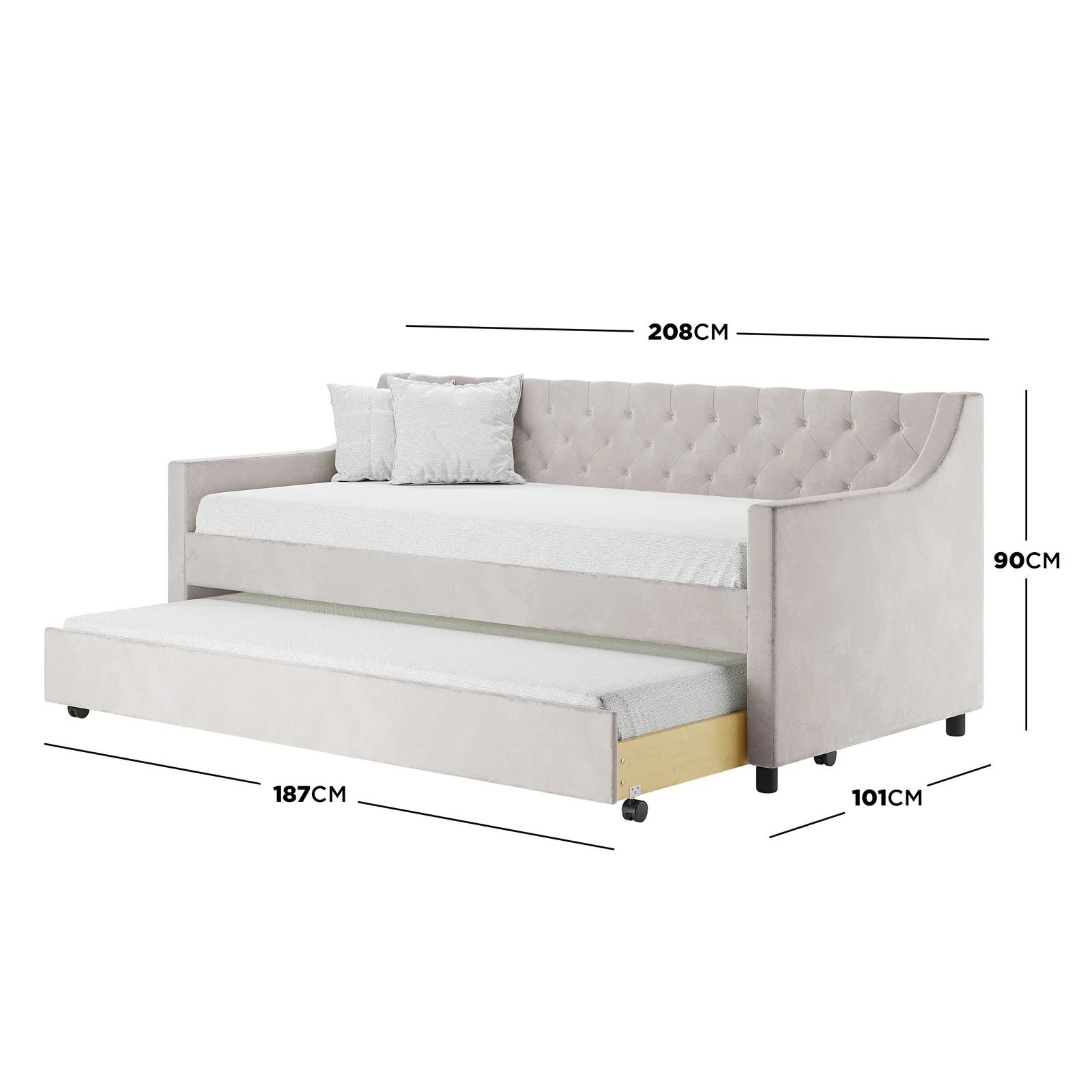 Ovidia Velvet Sofa with Trundle Bed in Light Grey - Image 3