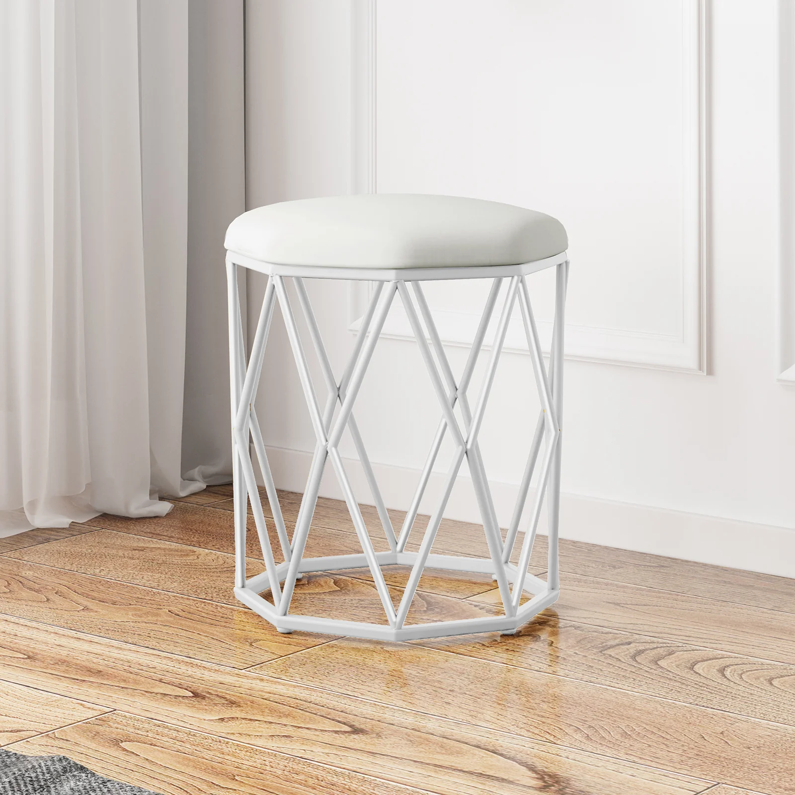Paisley Velvet Round Accent Stool in White - Image 2