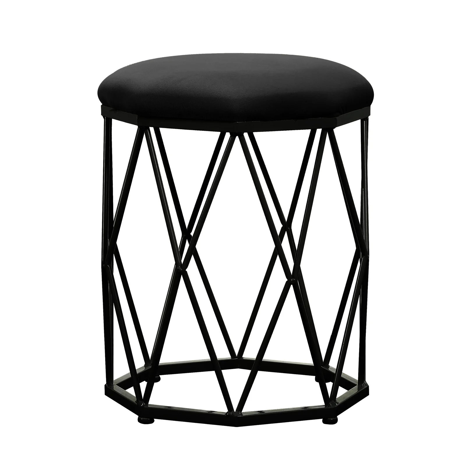 Paisley Velvet Round Accent Stool with Cushion in Black
