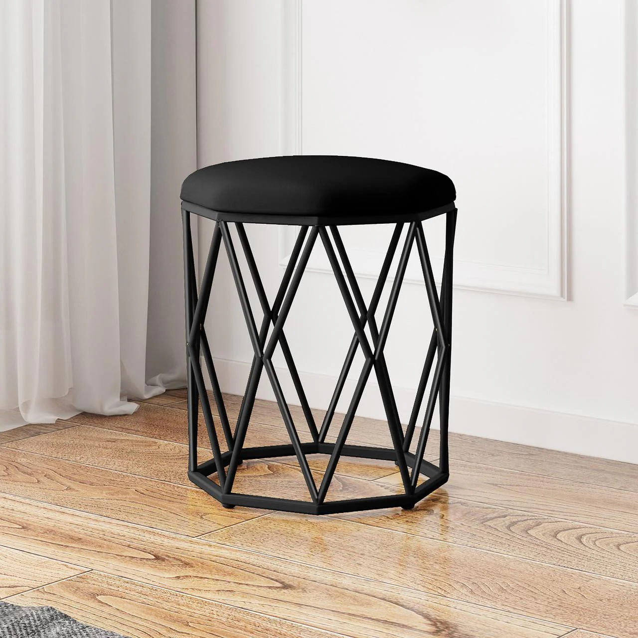 Paisley Velvet Round Accent Stool with Cushion in Black - Image 2