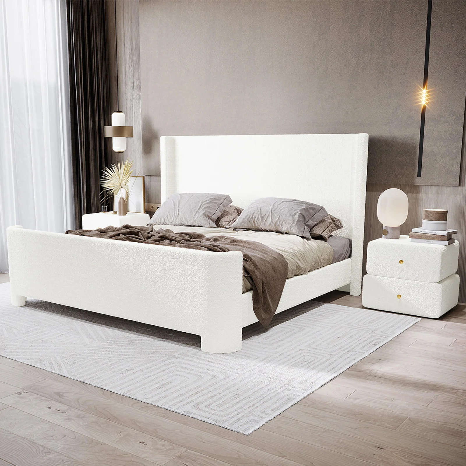 Palmira King Boucle Fabric Bed Frame in Cream White - Image 2