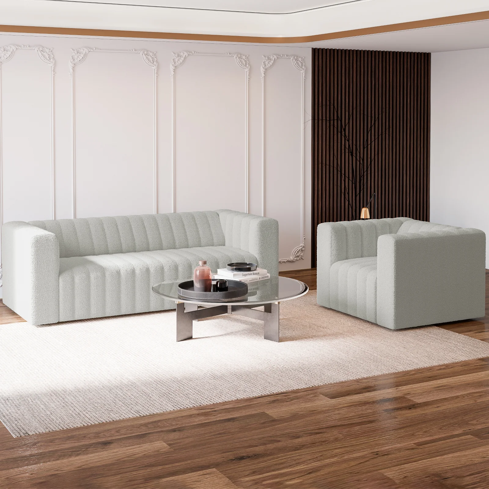 Parisa 4 Seater Tufted Boucle Sofa Set in Light Grey - Image 2