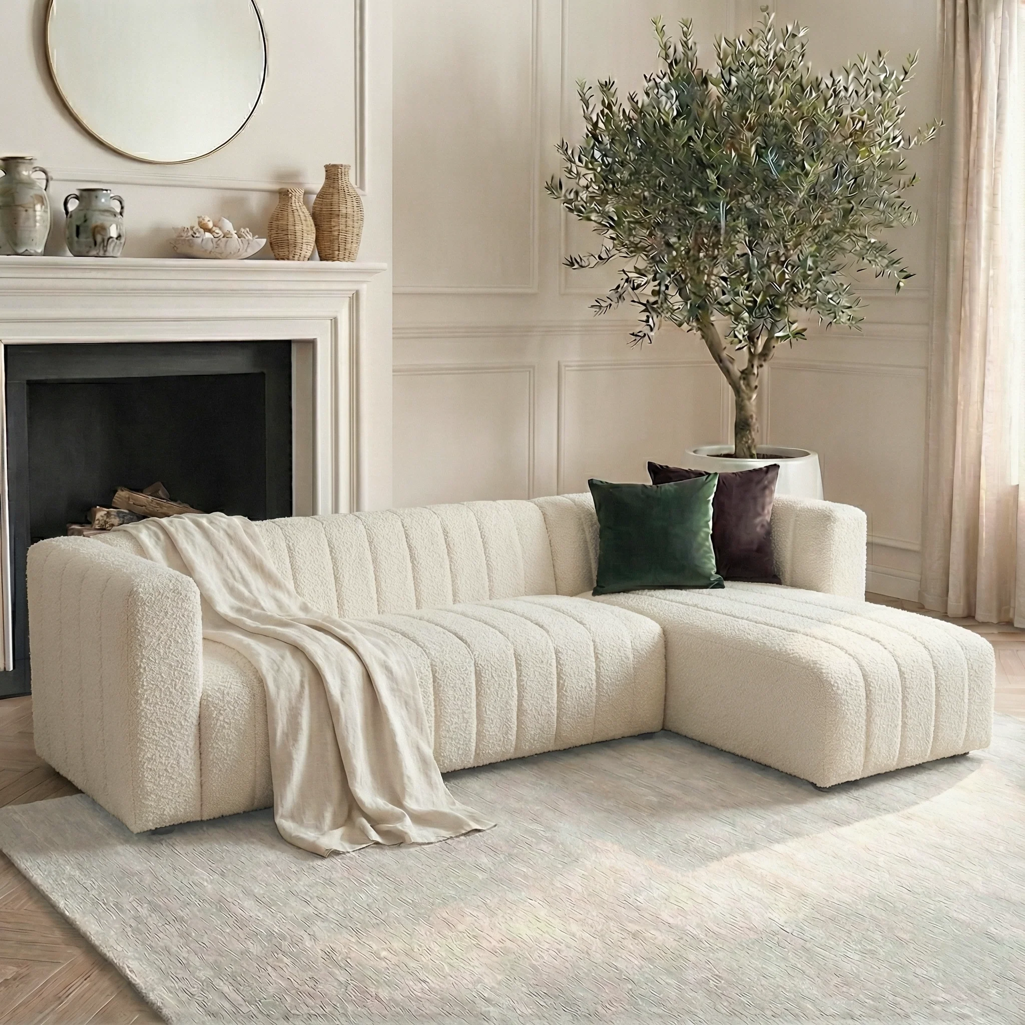 Parisa 4 Seater Tufted Boucle Sofa with Chaise in Cream White - Image 2