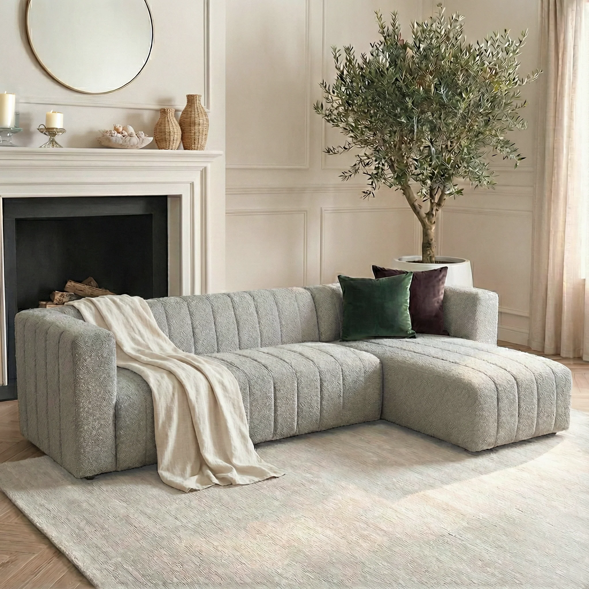 Parisa 4 Seater Tufted Boucle Sofa with Chaise in Light Grey - Image 2